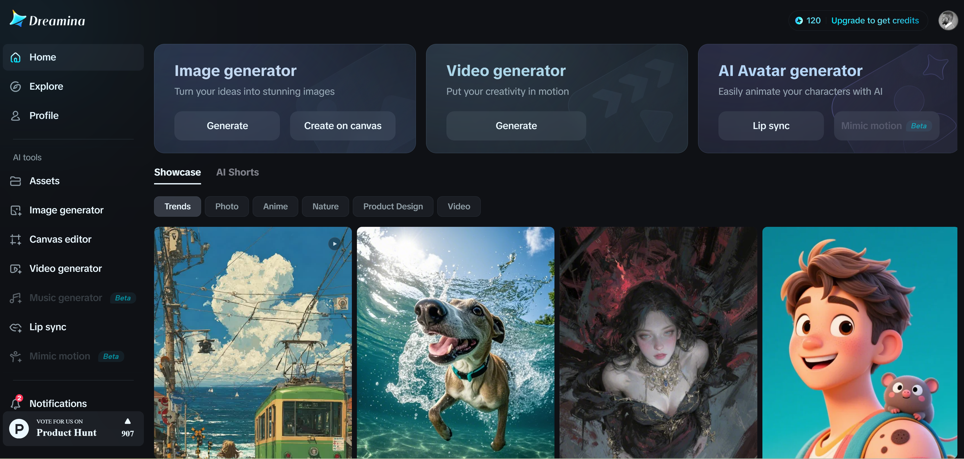 Página inicial do Dreamina