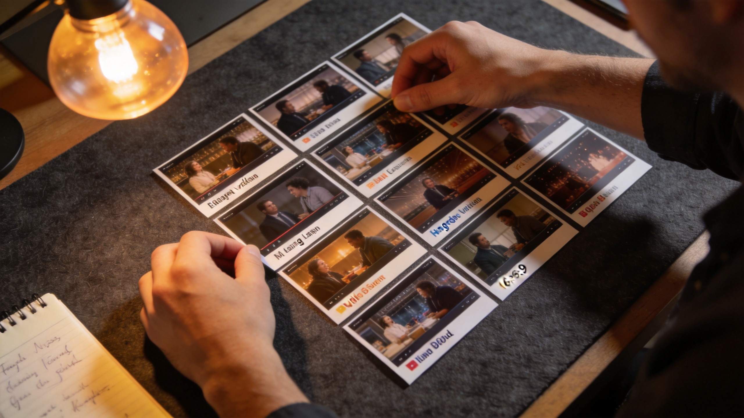 Hands arranging printed video template thumbnails on a desk