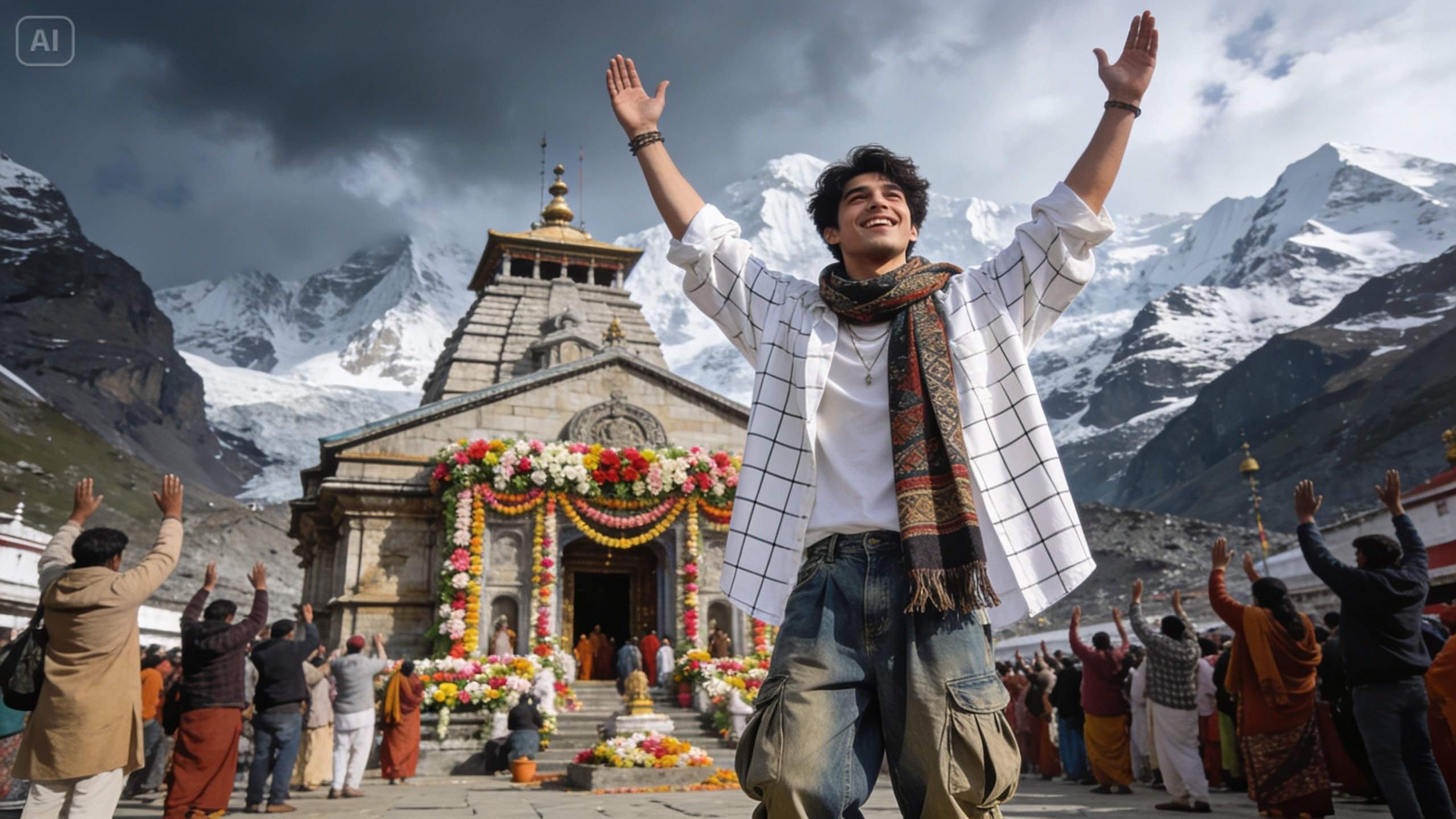 Prompt example: ‘Best time to visit Kedarnath Temple’ comparison poster with crowd and weather bars.