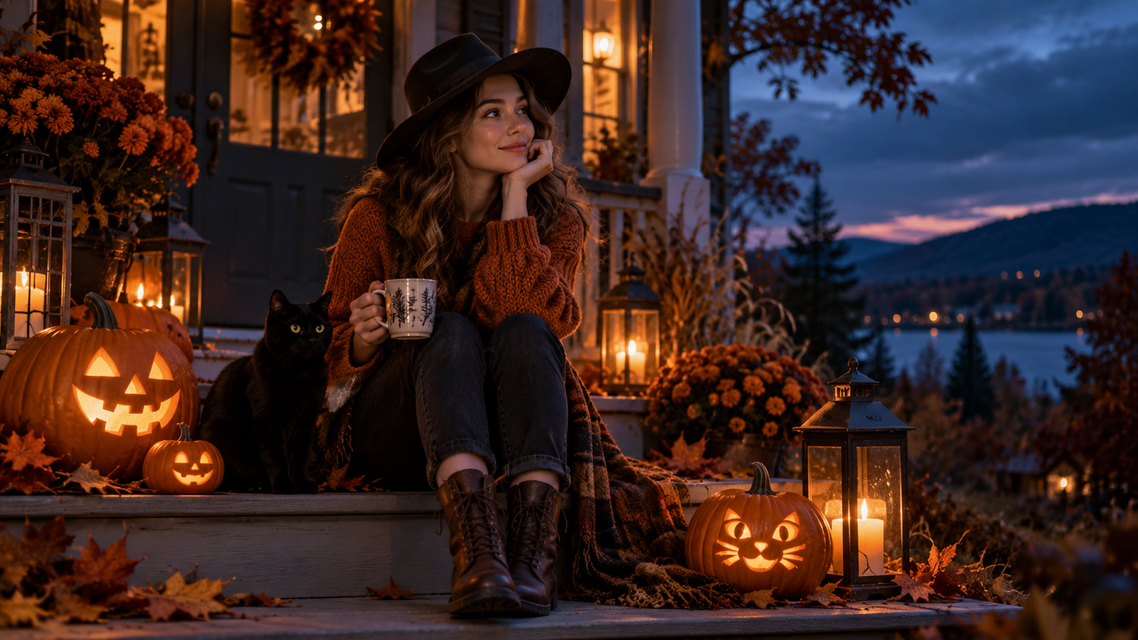Pumpkin porch portrait: Fictional adult in autumn outfit on porch with glowing pumpkins, blue-hour cinematic photograph