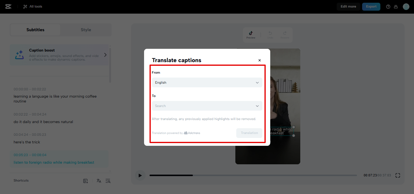 Subtitle translation in CapCut Web