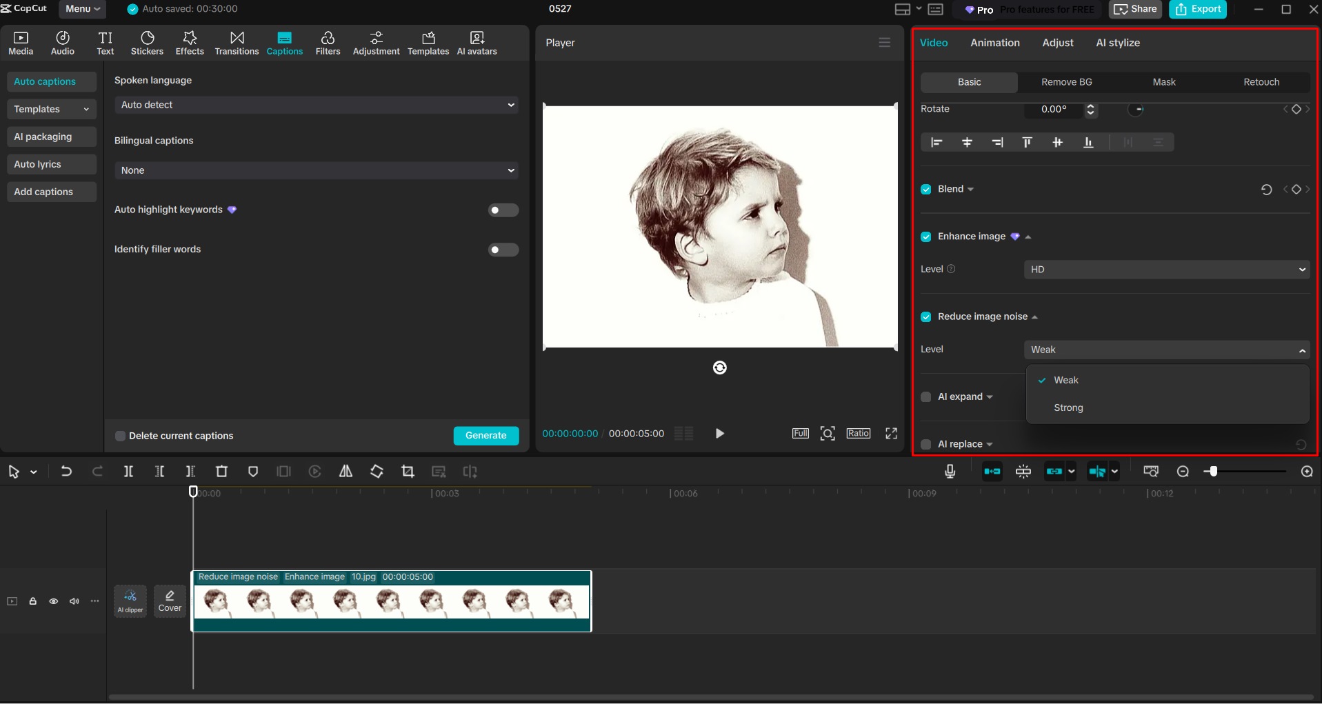 Upscaling an image with AI in the CapCut desktop video editor