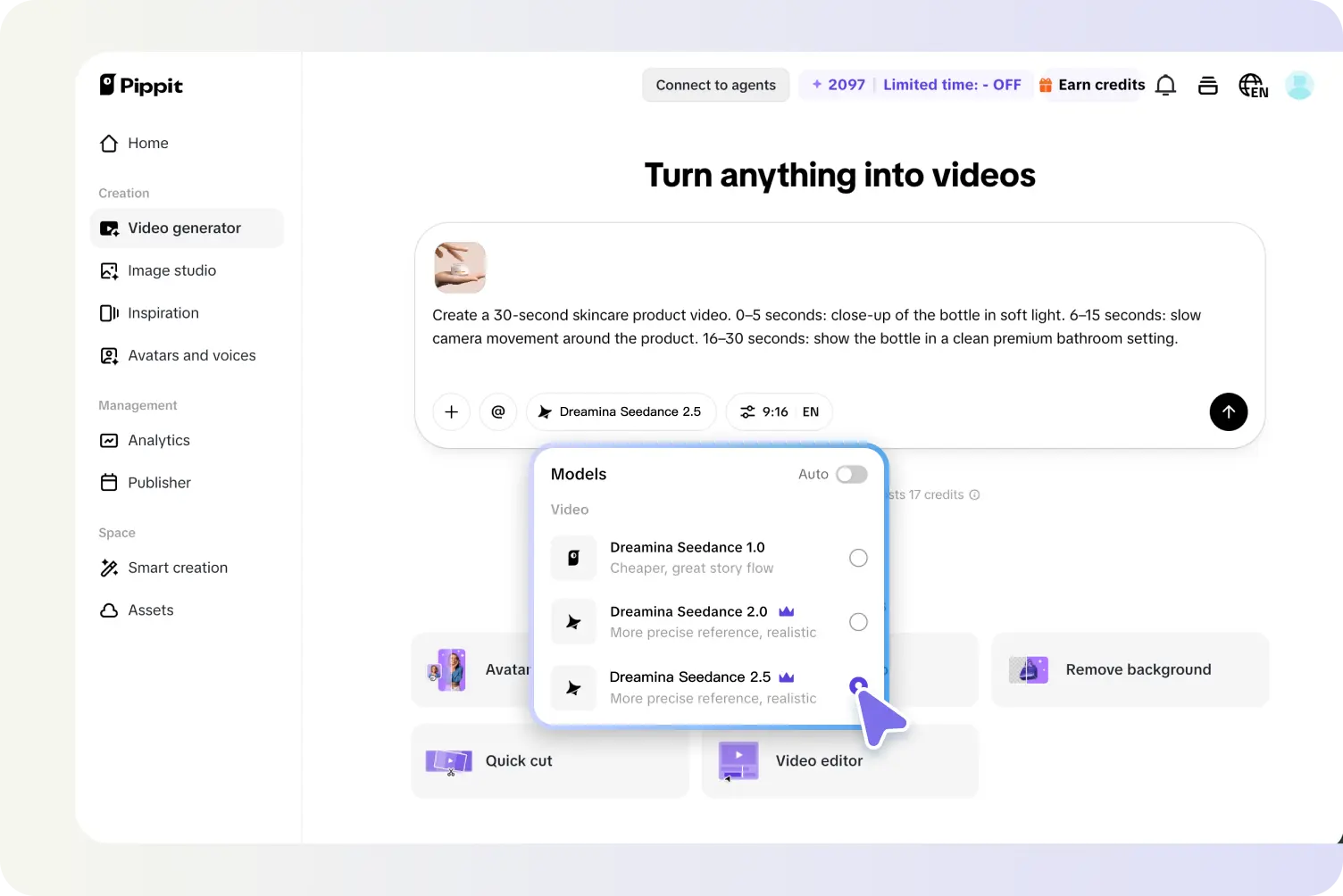 Access Pippit AI's dashboard