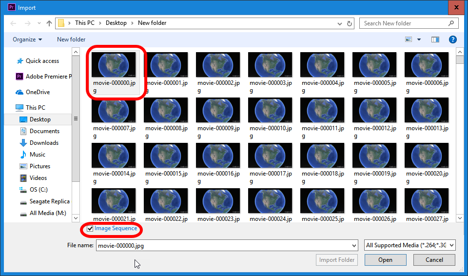 Showing how to import an image sequence in Premiere Pro