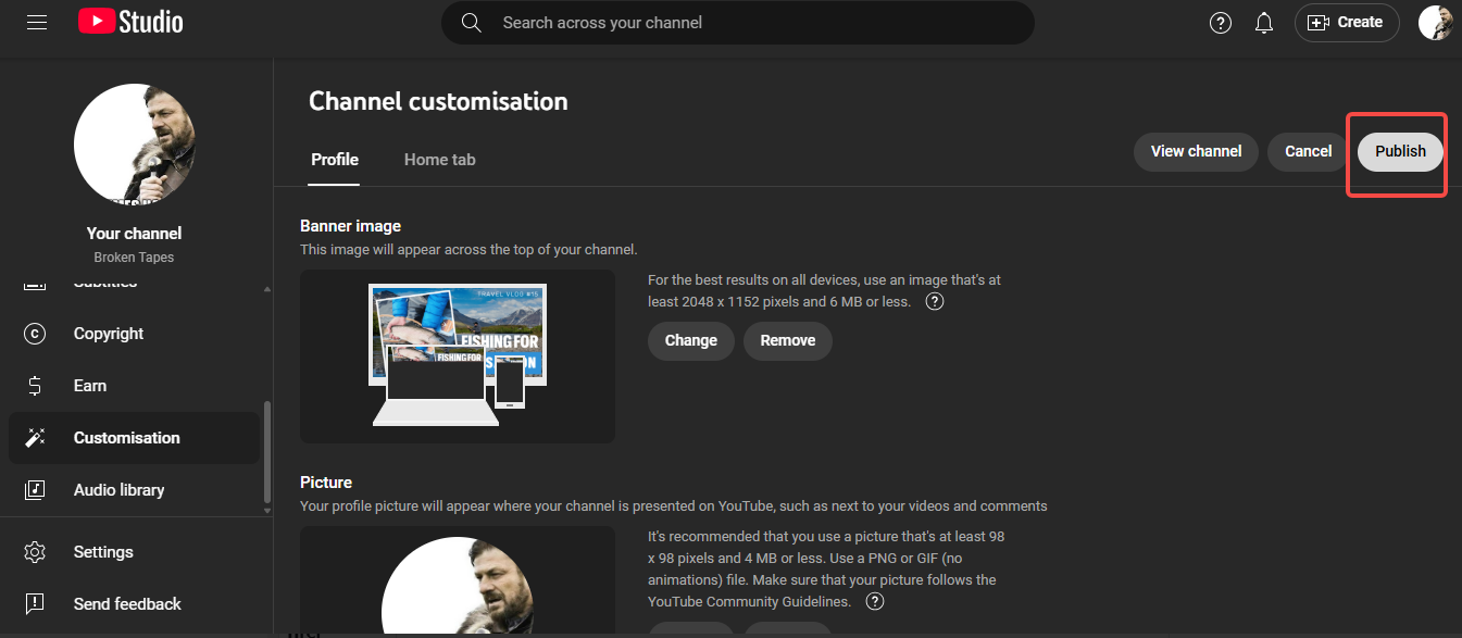 Publish your YouTube banner