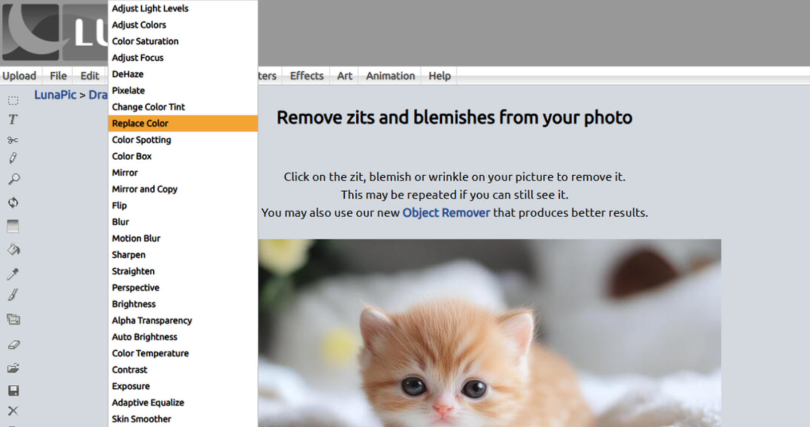 Výměna barev v online editoru fotografií LunaPic