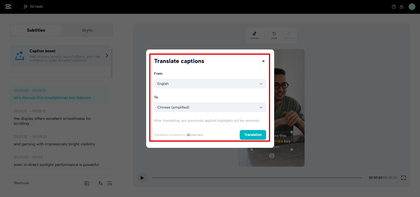 CapCut Web subtitles translation