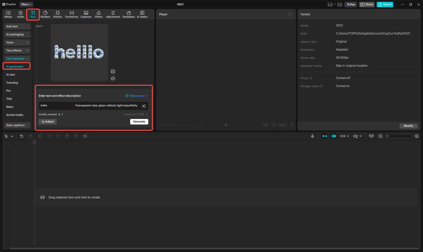 Přístup k funkci generování textu CapCut