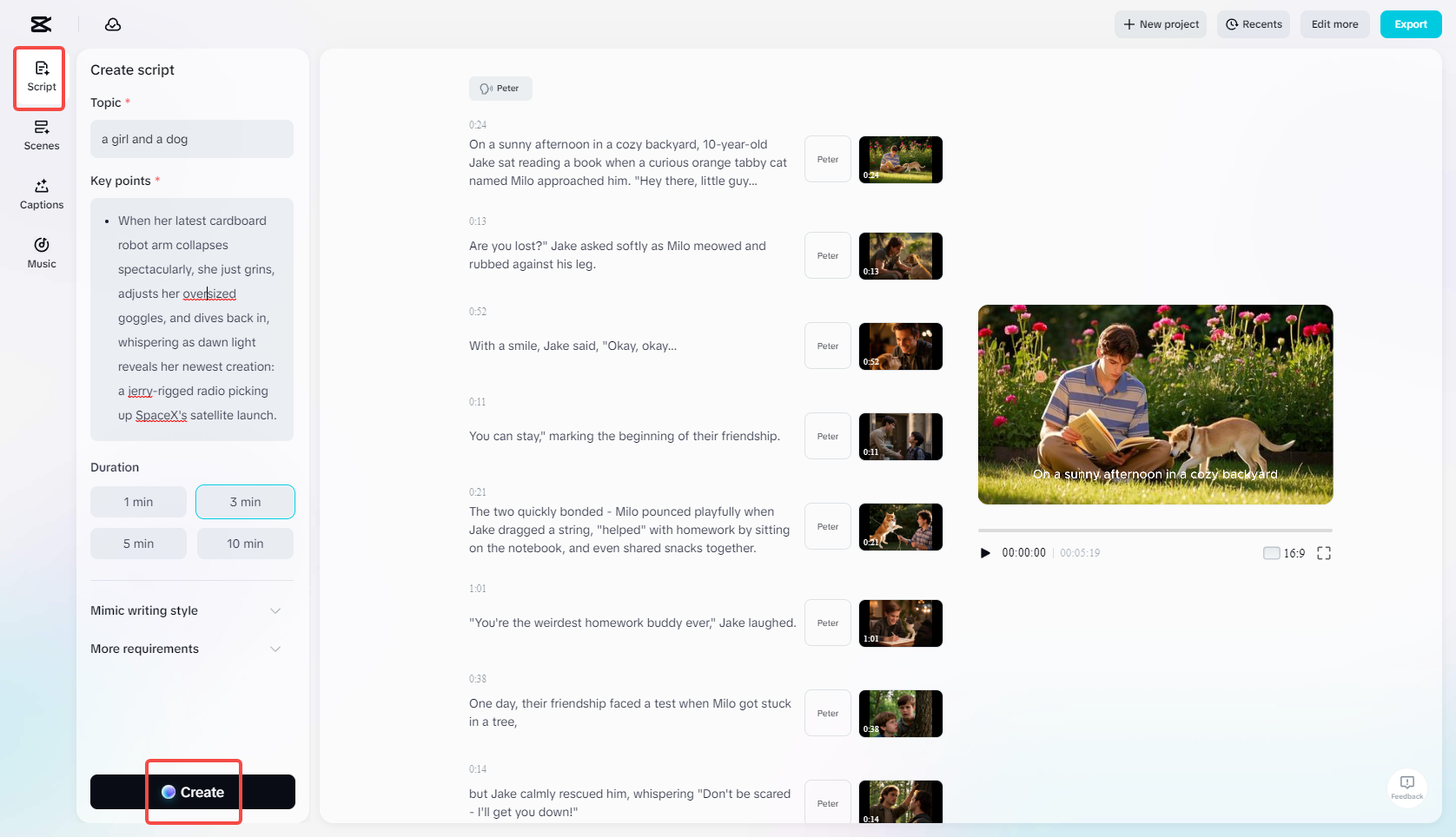 Editing the video with the Script feature