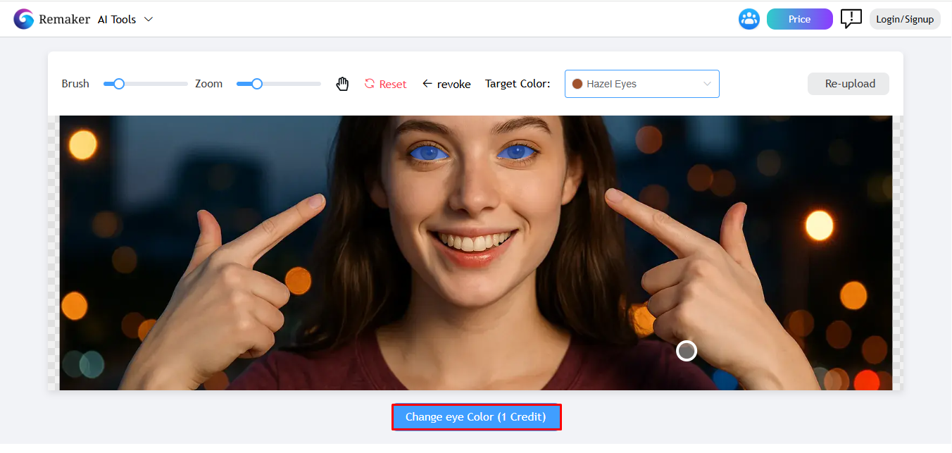 Interface of Remaker AI - a reliable eye color editor online