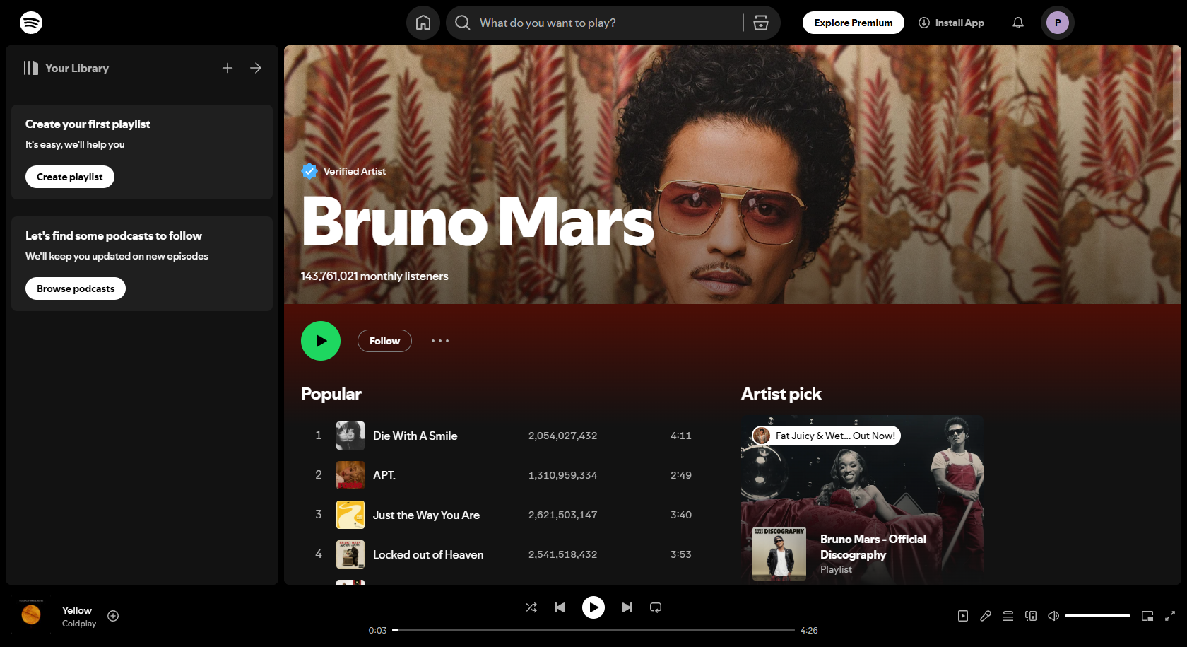 Bruno Mars Interfaccia Spotify