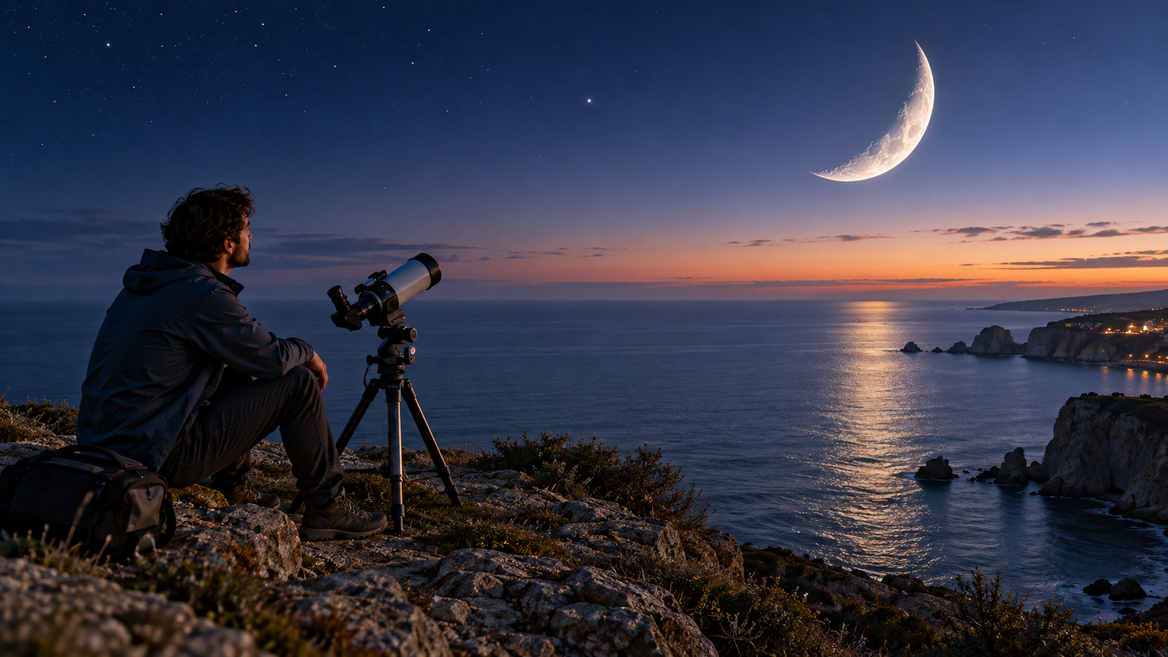 Invitations d'astrophotographie IA : Télescope côtier au clair de lune