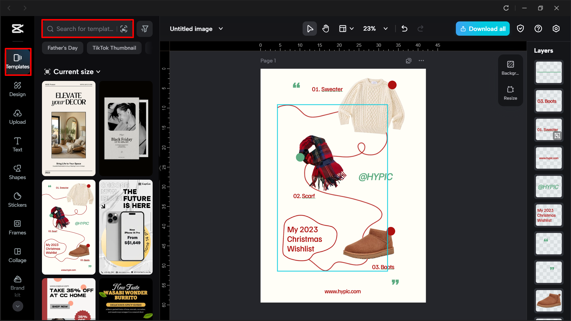 Buscando una plantilla de póster específica en el editor de video de escritorio de CapCut