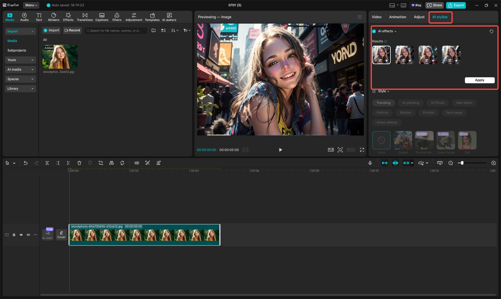 Generate an anime character using the AI stylize feature