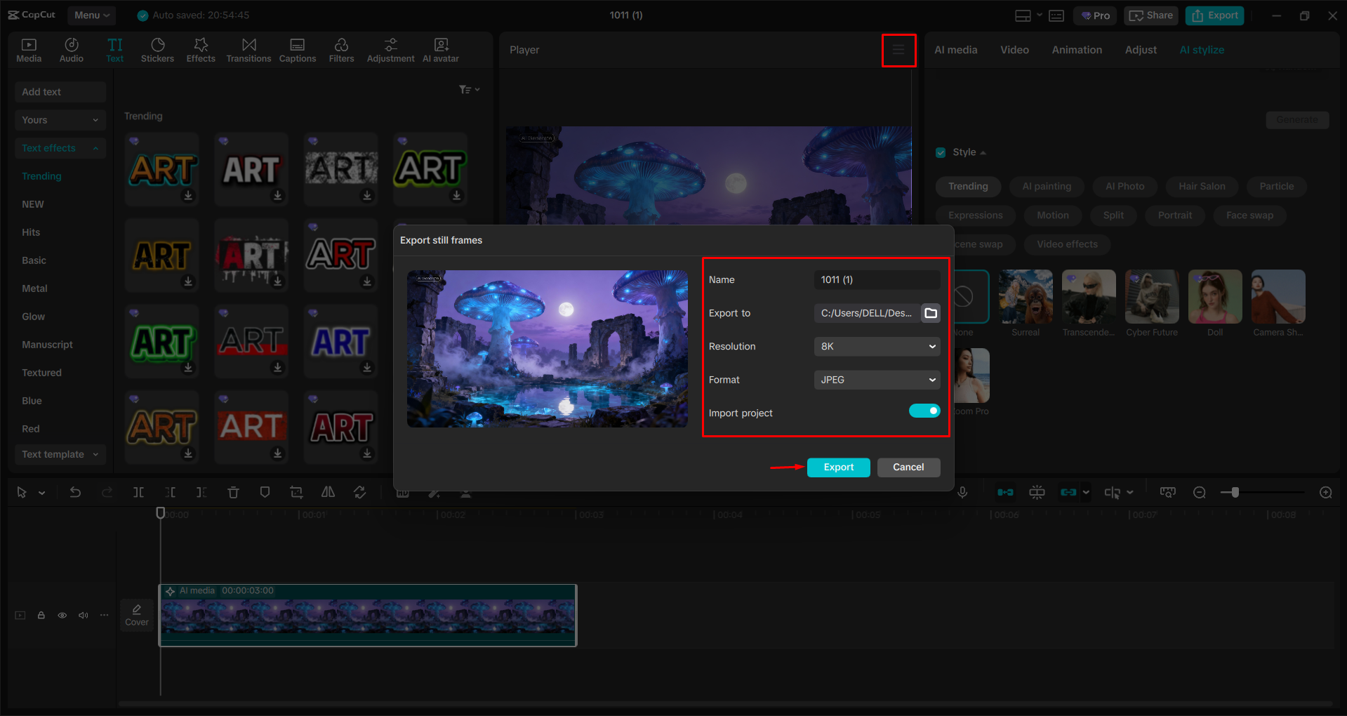 Exporting the image from the CapCut desktop video editor