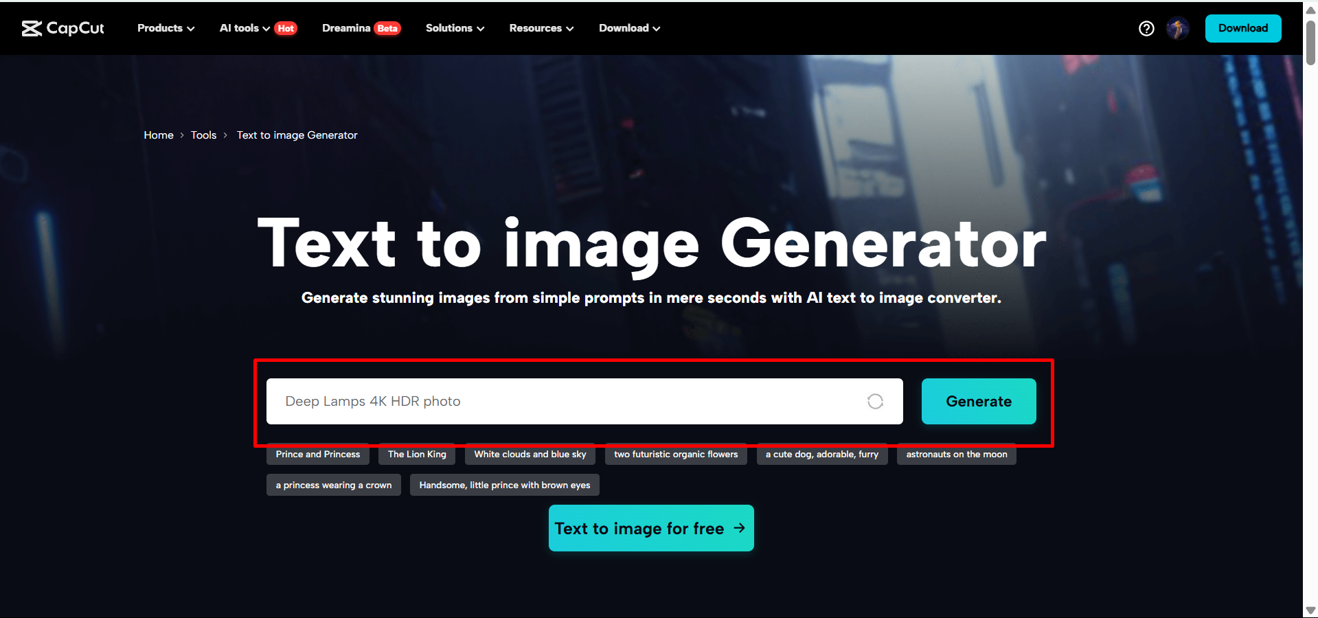 CapCut 이미지 생성기를 열고 프롬프트 추가하기