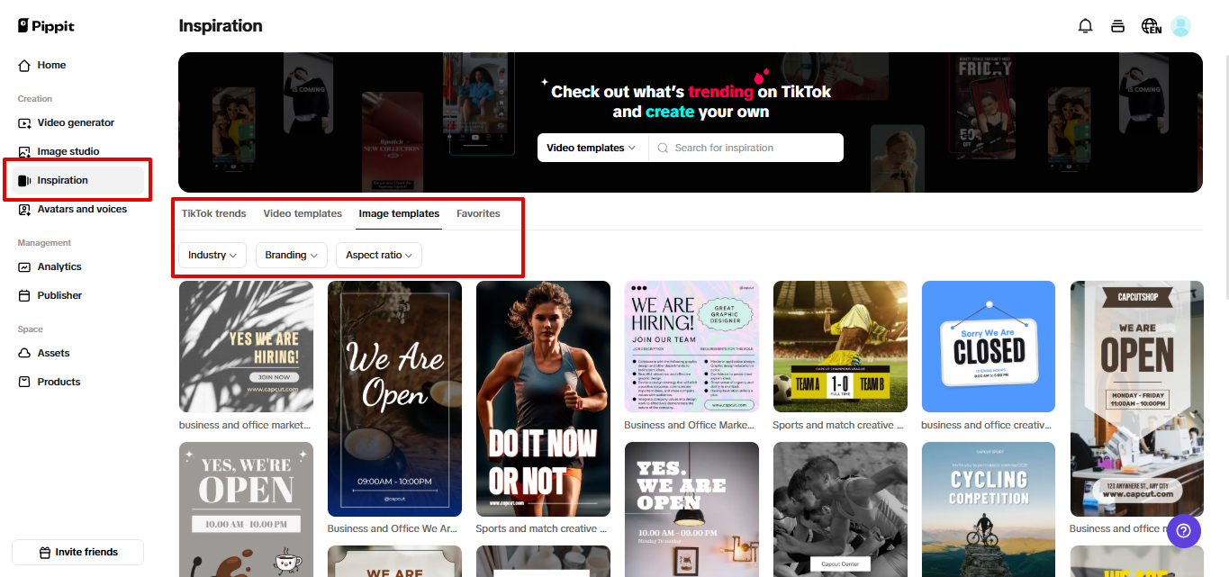 Preset templates in Pippit