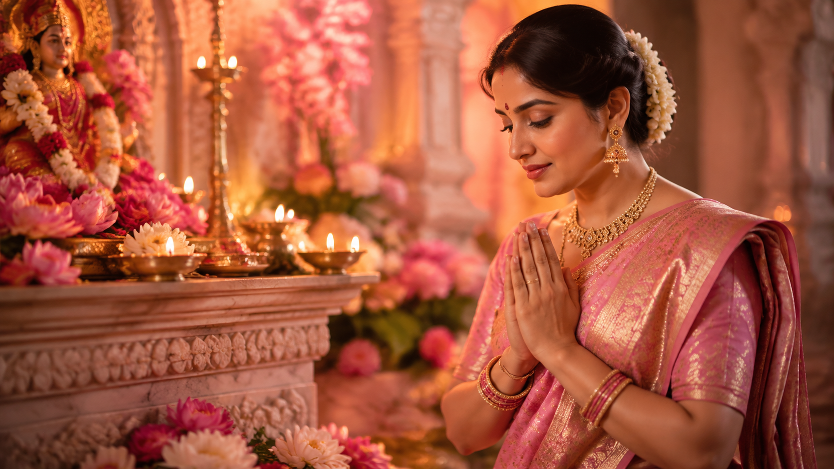 Portrait beside Temple Lamps for radha rani ai photo editing prompts 2026