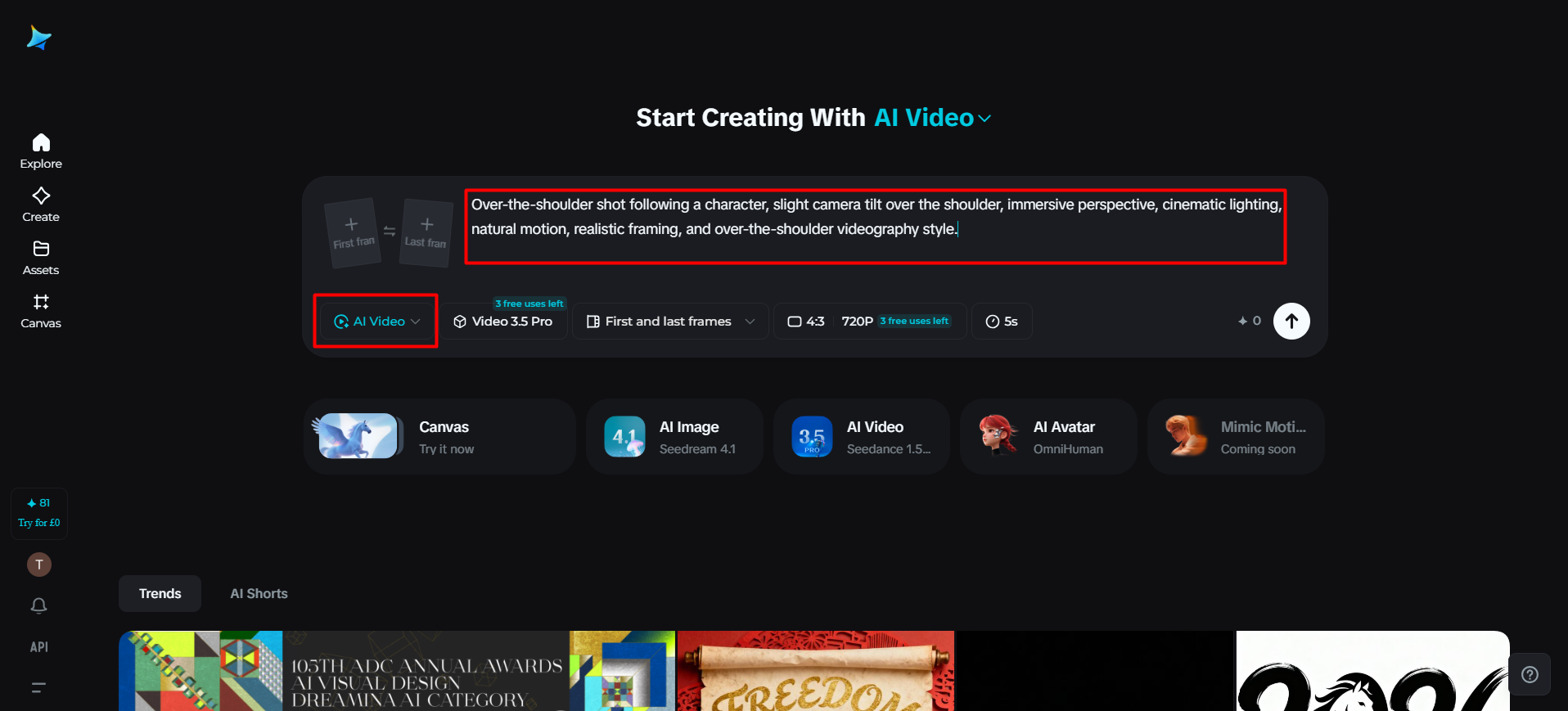 Access Dreamina and input text prompt