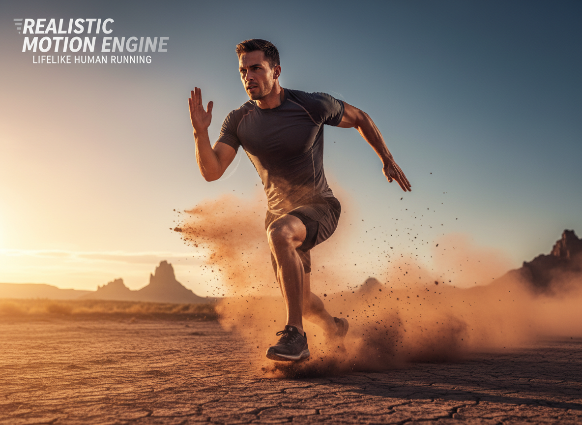 Umano realistico che corre nella polvere con inerzia naturale e micromovimenti, illuminazione cinematografica.