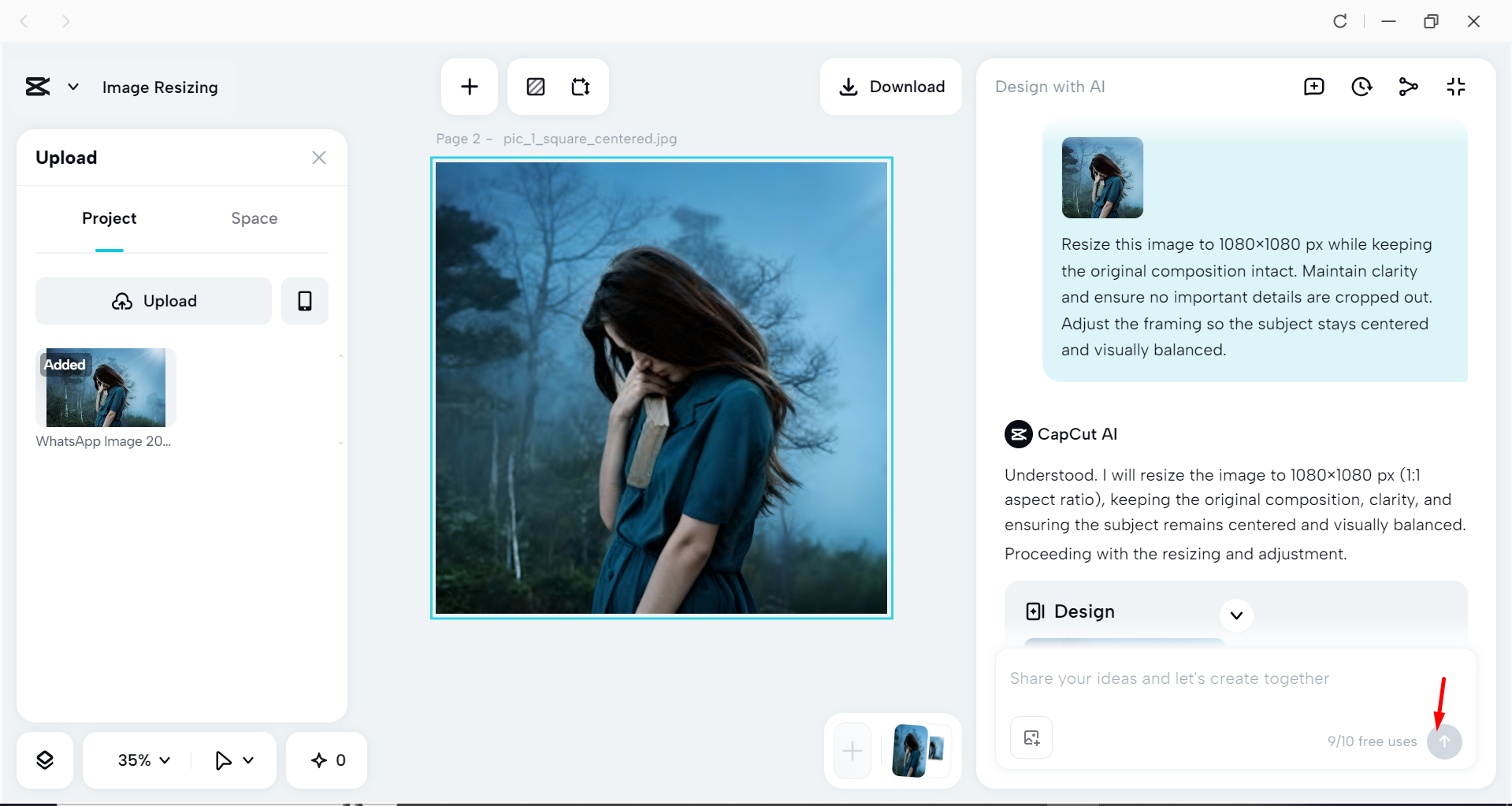 Resizing and upscaling an image using a prompt in the CapCut desktop video editor