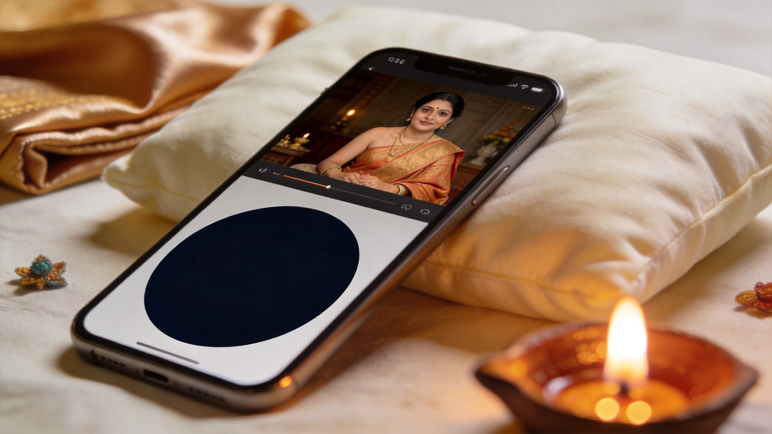 Phone on silk pillow showing a woman in a sari and a blank circular graphic