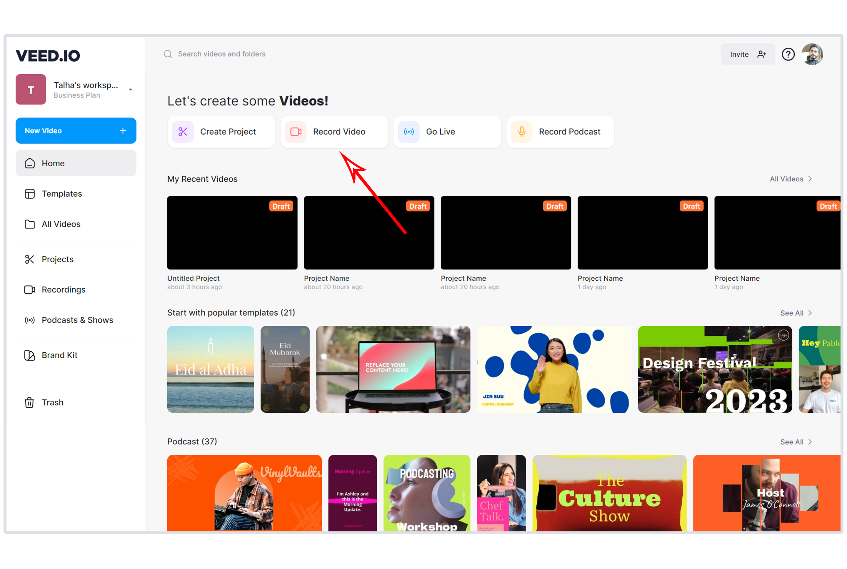 Interface of VEED.IO - an easy way to record YouTube videos on PC