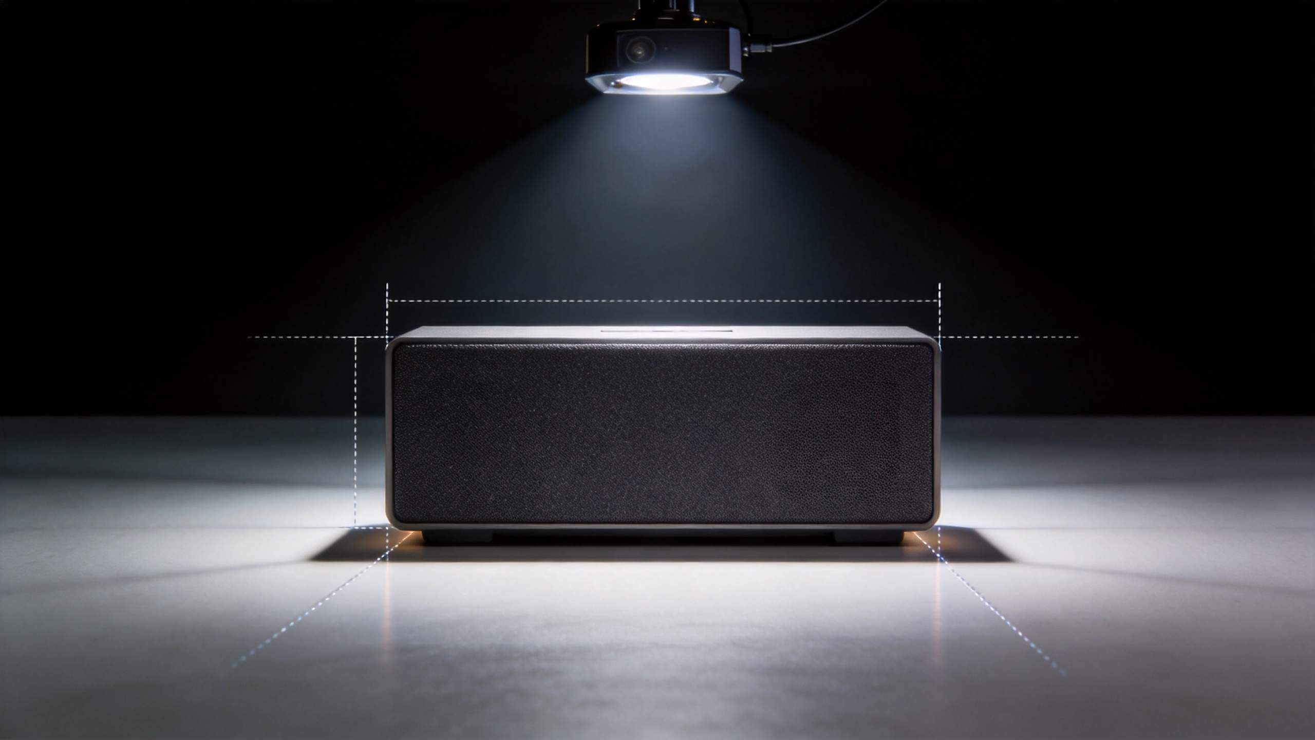 Product lit under a spotlight with dashed measurement lines around it