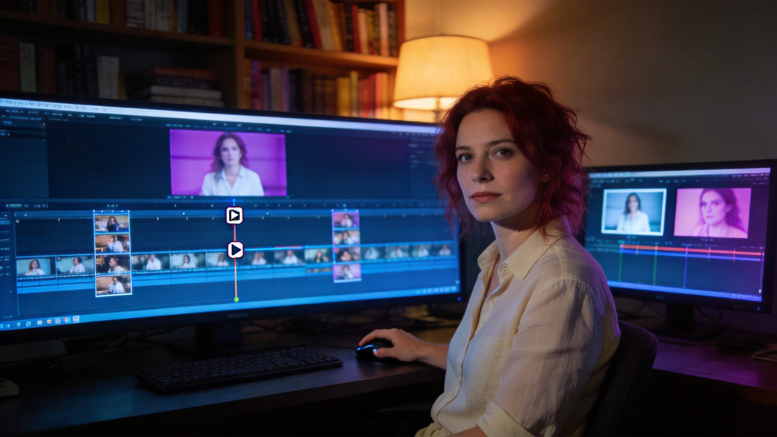 Woman editing video on dual monitors in a dimly lit room