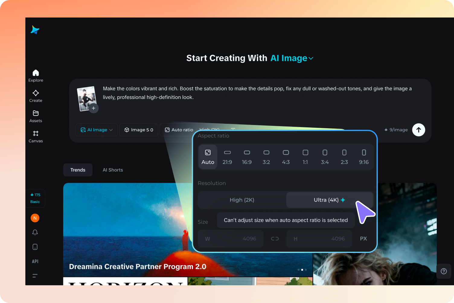 Select the Seedream 5.0 model and adjust settings