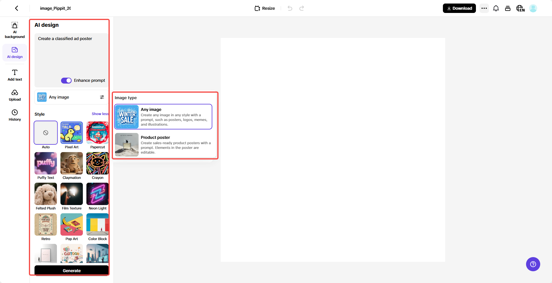 Acesse o design de IA e gere um pôster