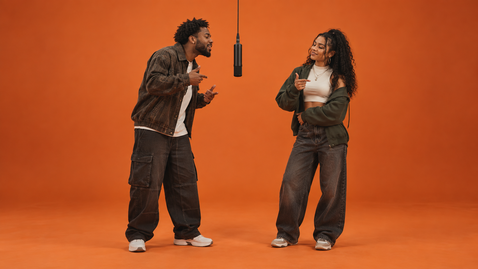 Hotel Lobby AI video trend with two original performers in an orange booth