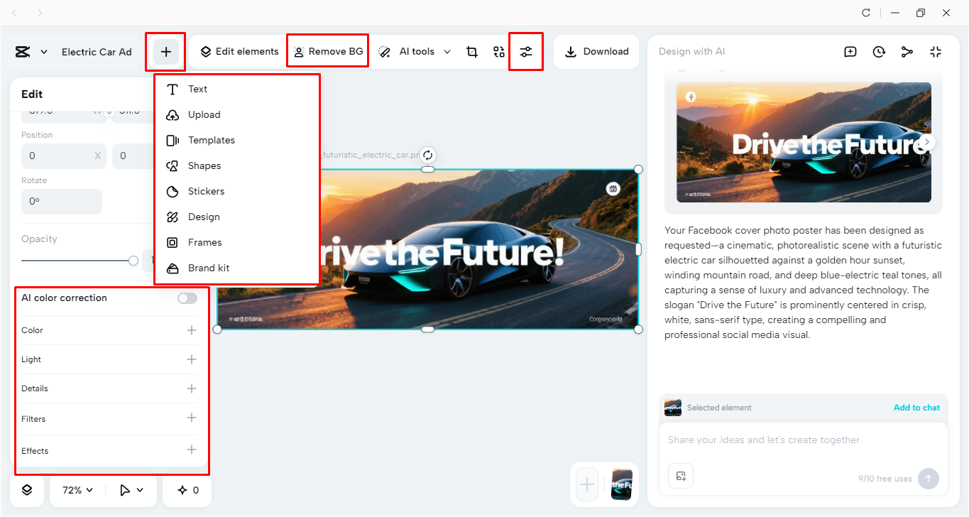 Editing the Facebook cover photo in CapCut desktop video editor