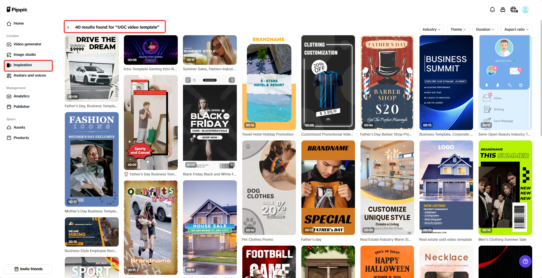 UGC templates under "Inspiration"