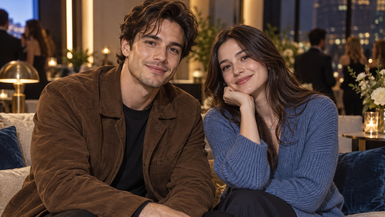 Original fictional adult male star persona in brown jacket beside adult female fan in blue knit top, relaxed shared photo pose in elegant event lounge, photographer viewpoint without phone, refined editorial 16:9.