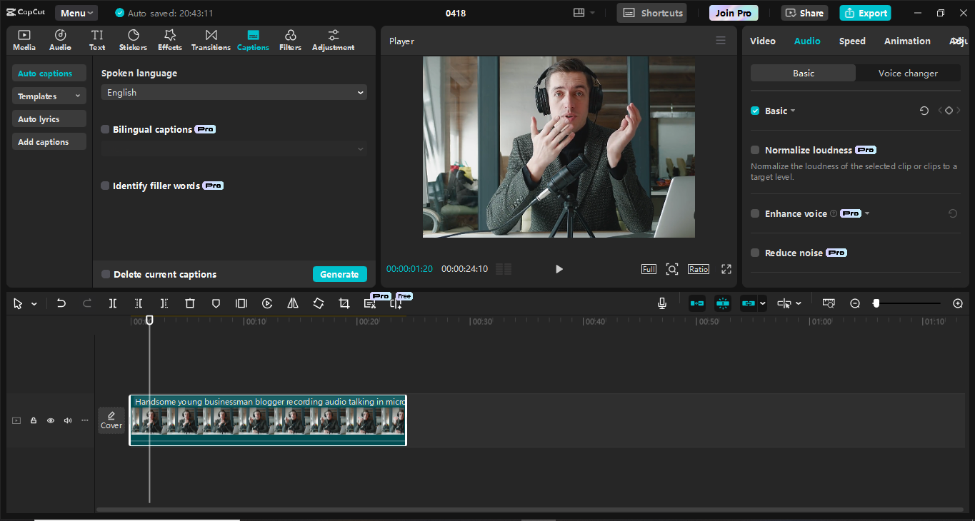 Editing interface of the CapCut desktop video editor - the best tool to add voiceovers to videos