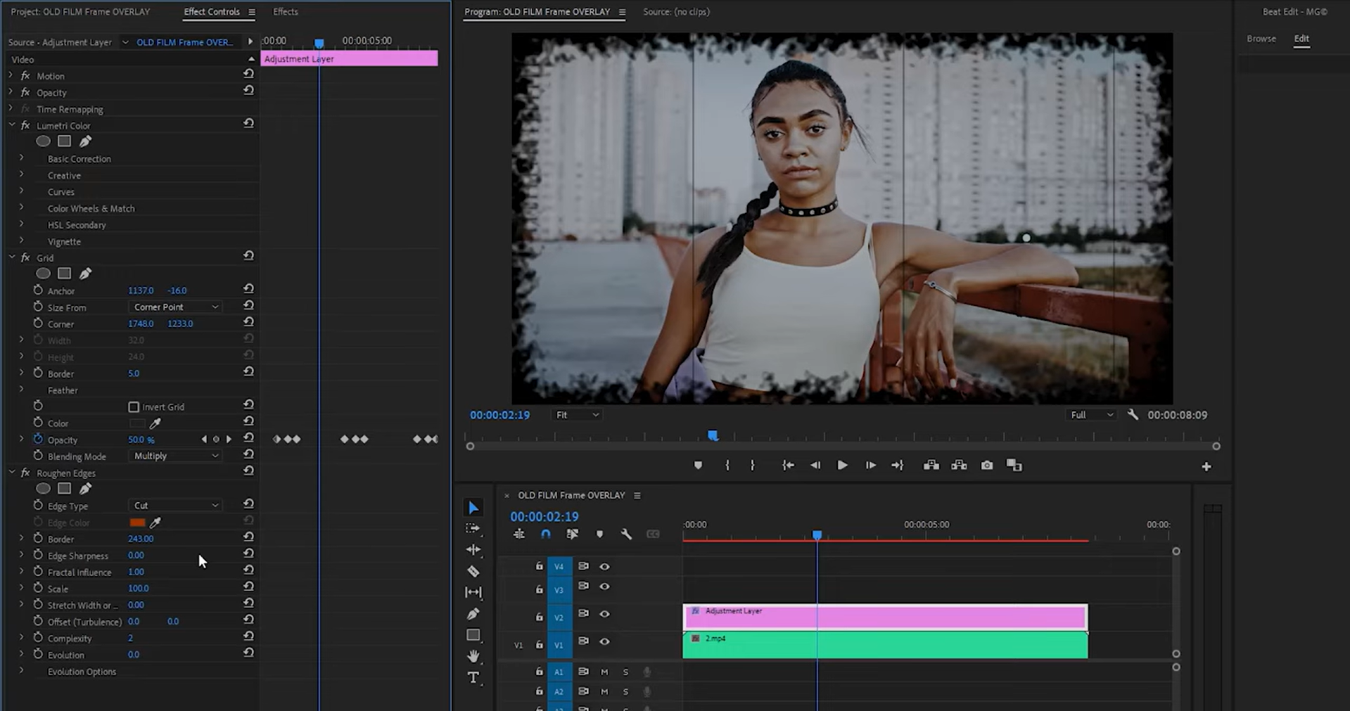 Interface of Adobe Premiere Pro - the best tool to use film frame overlays