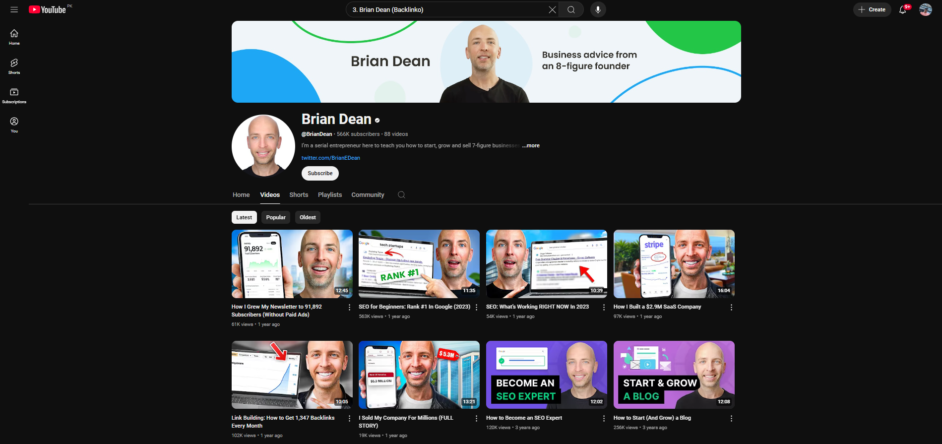 Brian Dean (Backlinko) - une chaîne YouTube de piratage de croissance précieuse