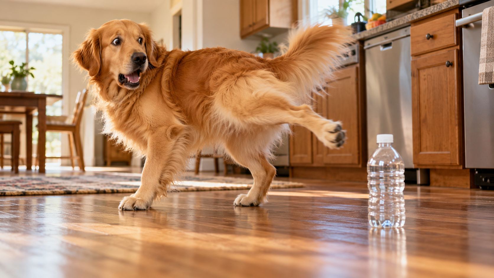 Golden Retriever Bottle Kick exemplu pentru video provocare lovitură de sticlă