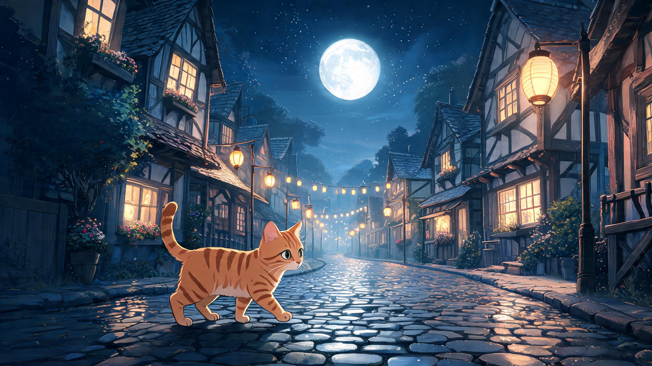 Cat companion exploring a moonlit town