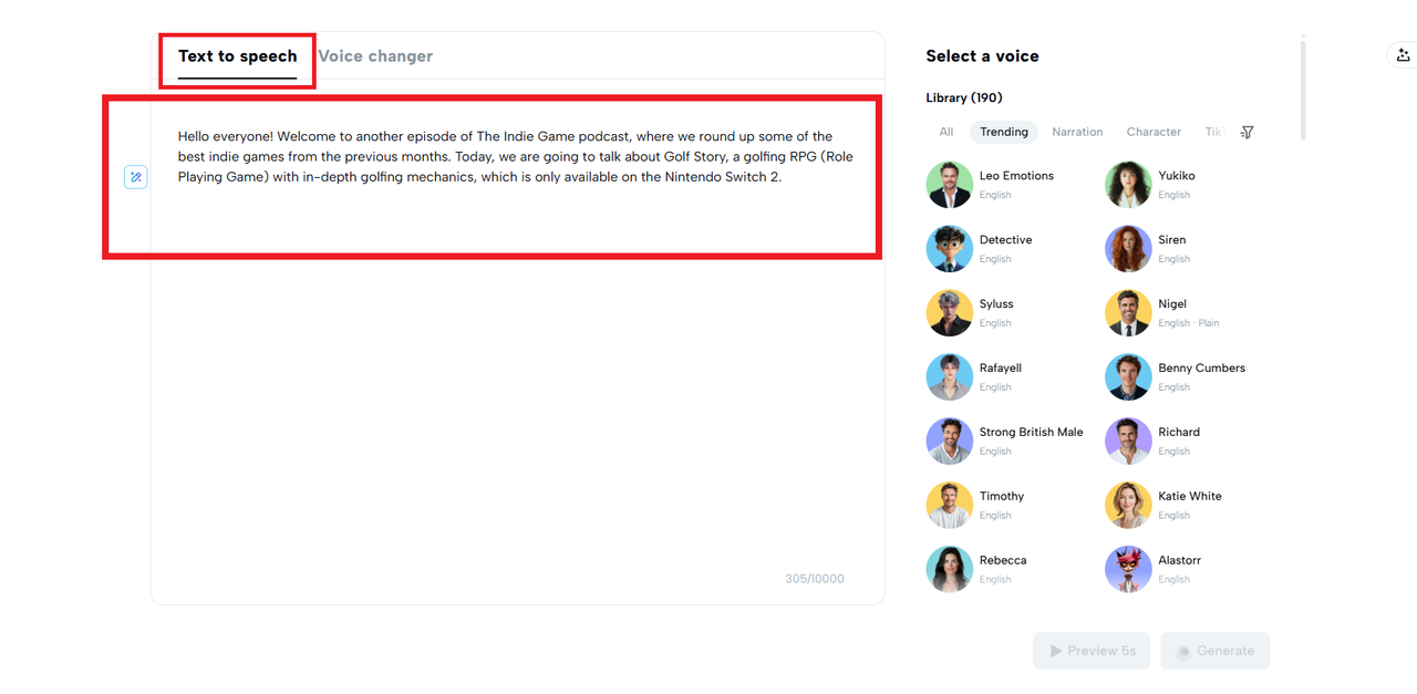 A screenshot showing the text input field for the AI voice generator, illustrating the first step of entering a script.