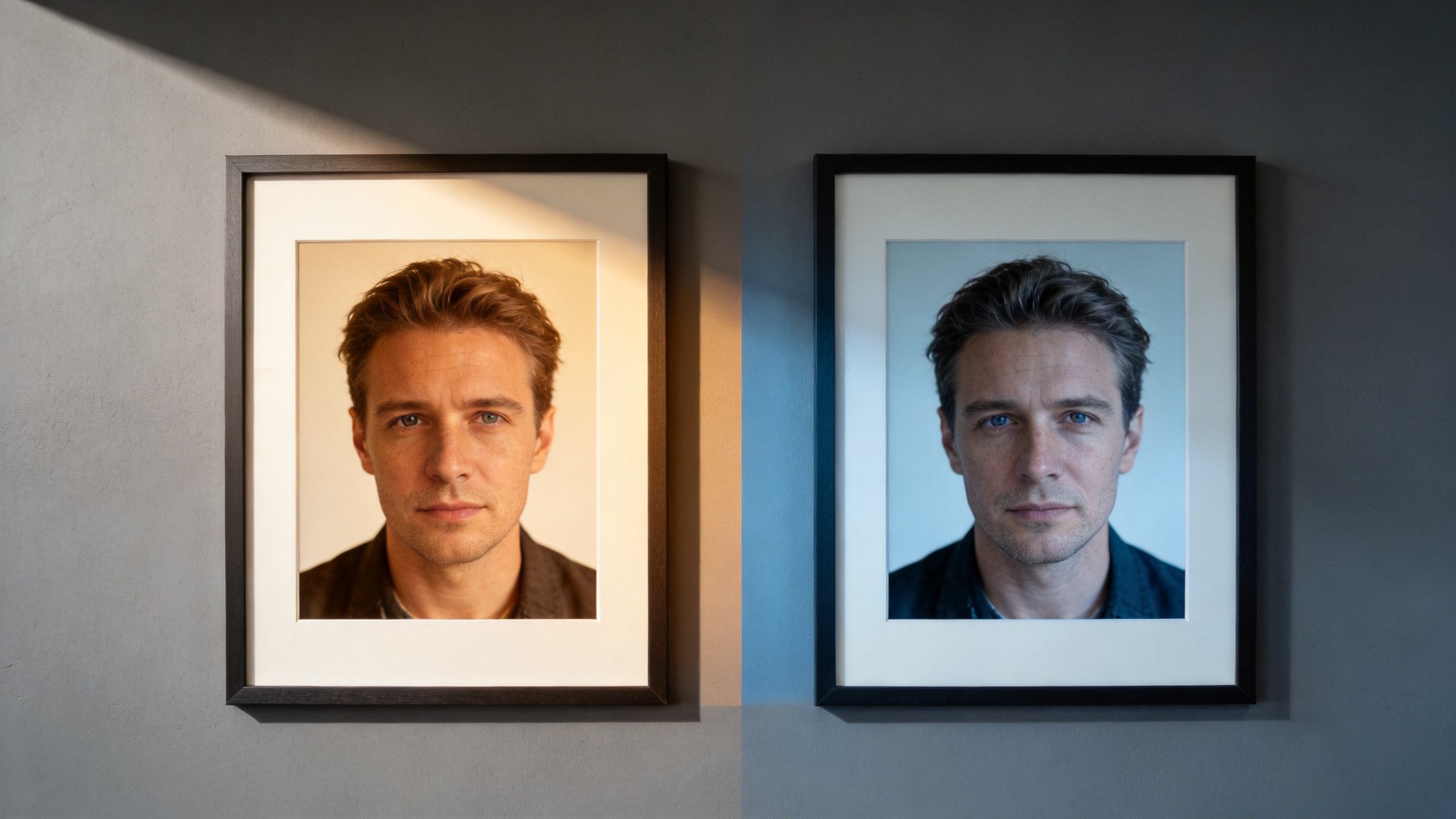 Two framed portraits of the same man, one in warm light and one in cool blue light