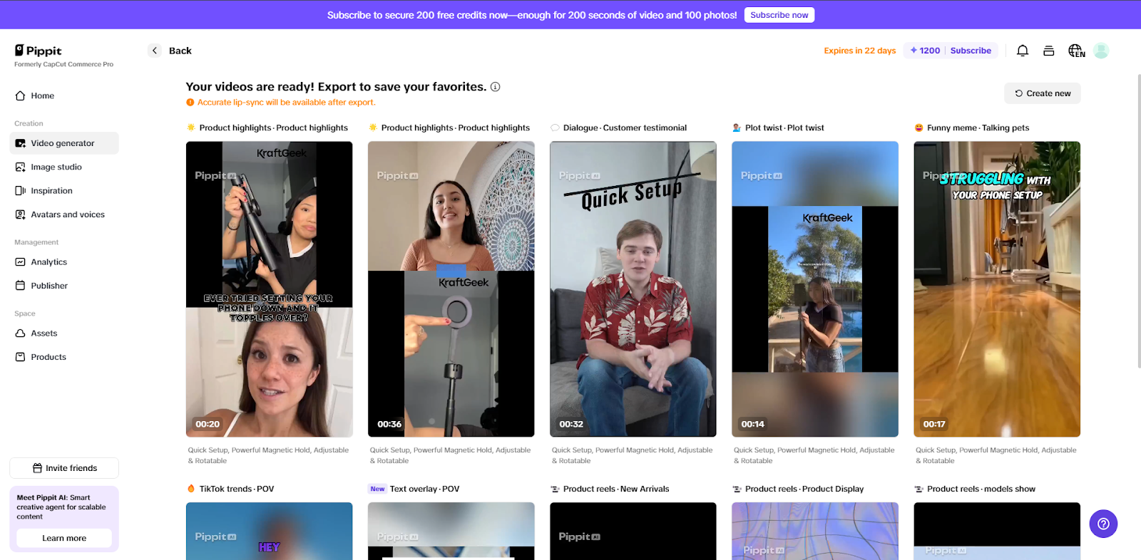 Screenshot showing the video generations Pippit automatically created.