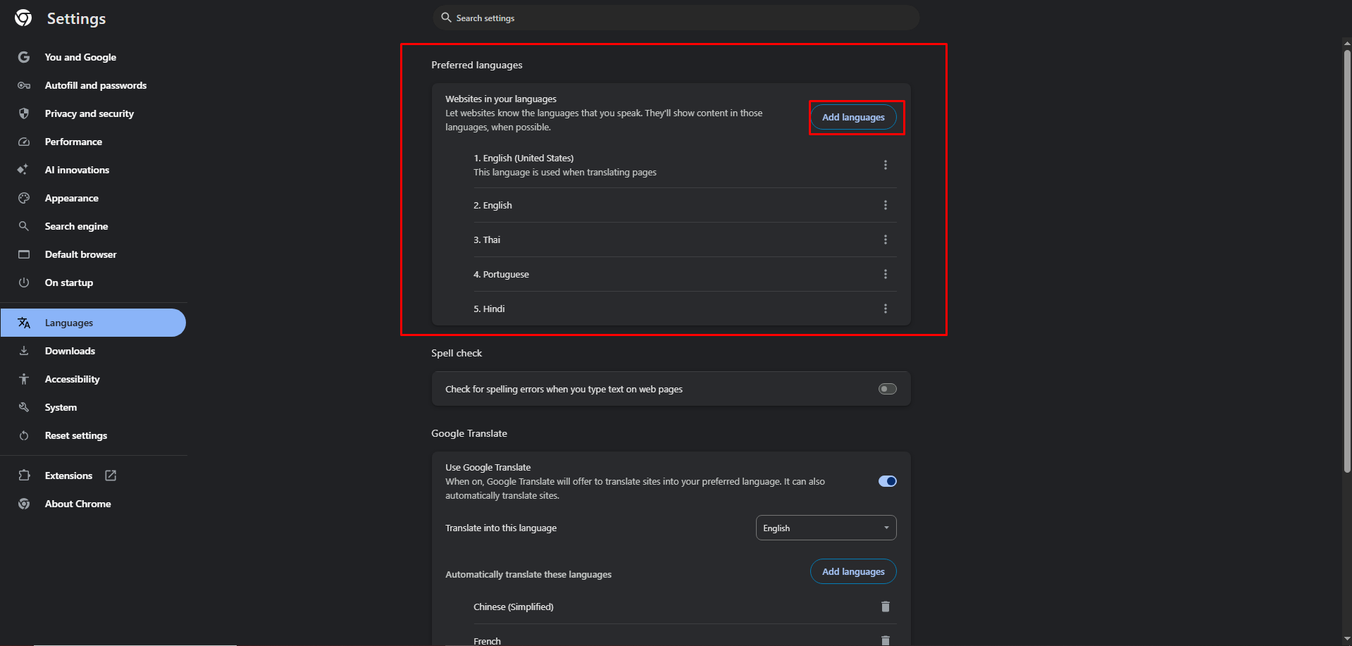 Set the language in the browser