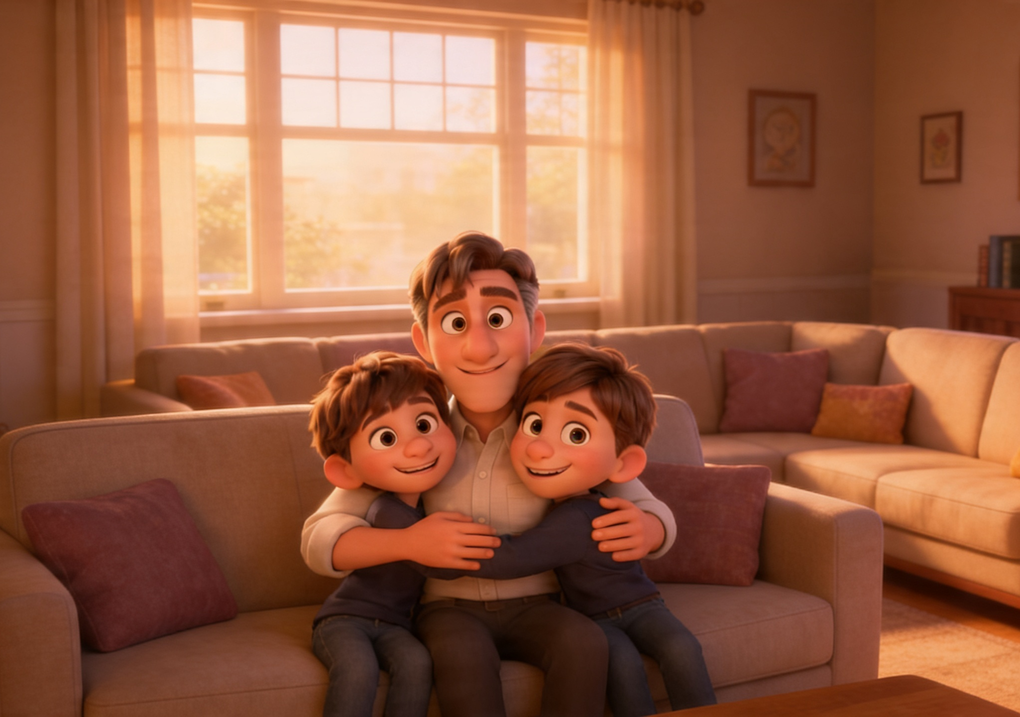 Prompt for a Pixar-style dad-and-kids portrait