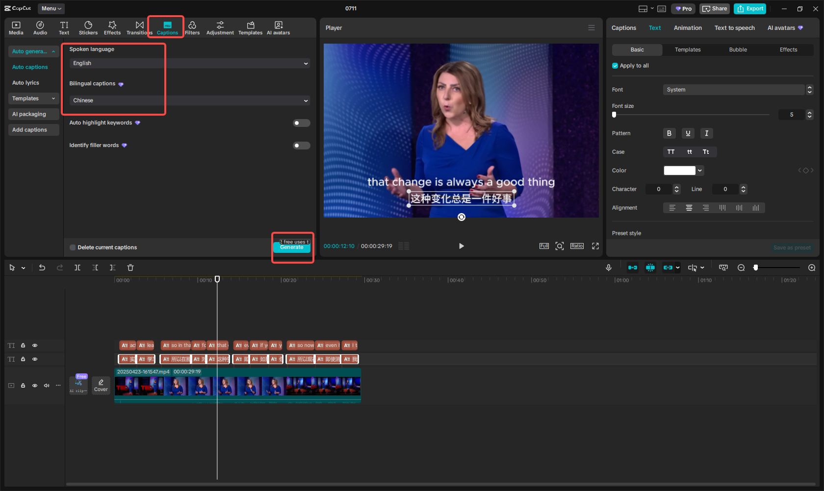 Use the auto captions to translate English to Chinese