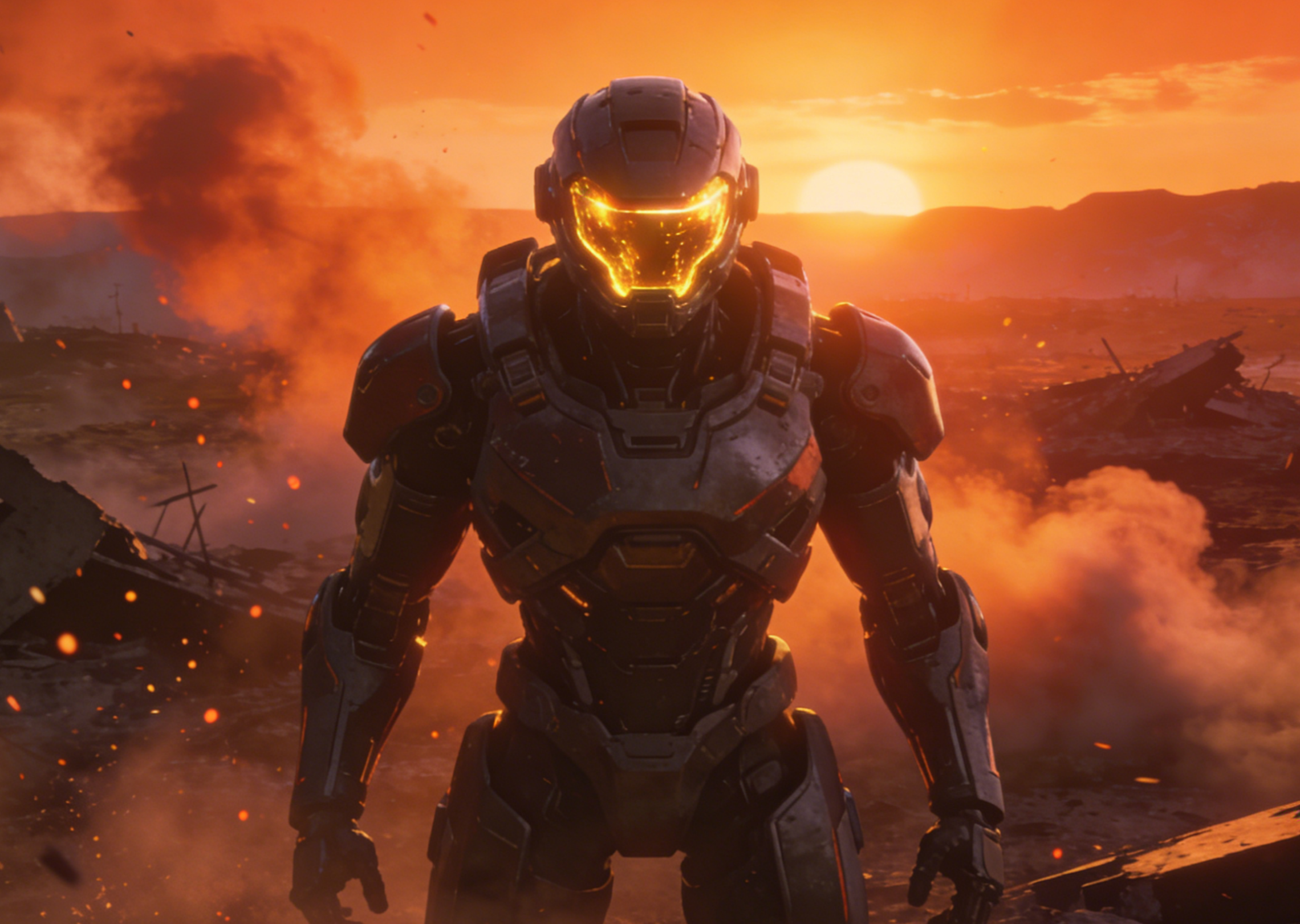 A futuristic armored warrior stands on a smoke-filled battlefield at sunrise