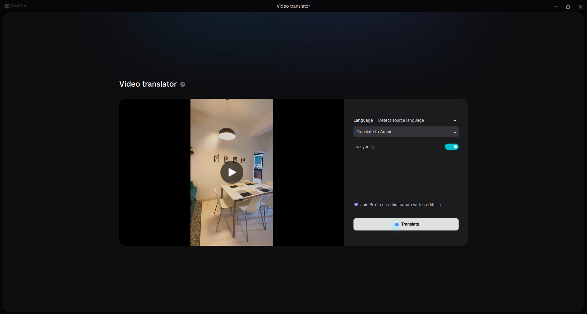 CapCut's video translator interface to translate videos instantly
