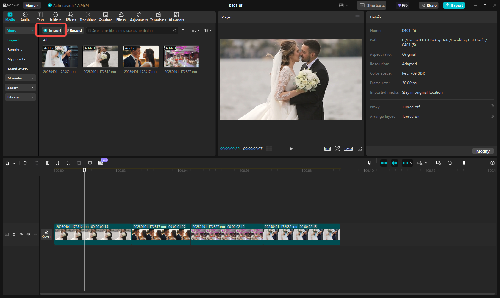 Import your wedding clips