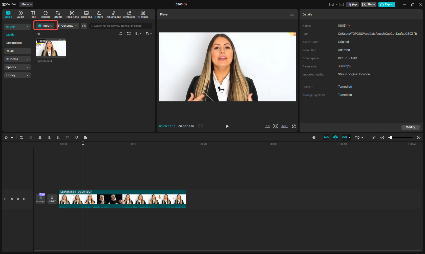 Importing the Spanish video into CapCut